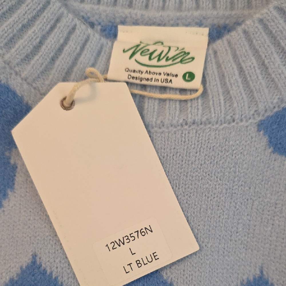 Newme Blue Crew Neck Sweater Size Large Floral Geometric Knit New - Picture 8 of 13